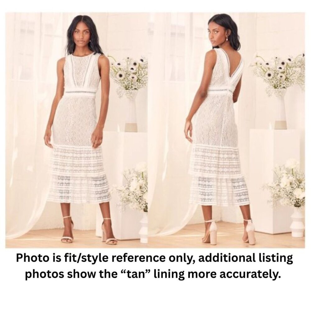LULUS "Garden Soiree" Lace Overlay Sleeveless Tiered Midi Sheath, Ivory - M - Picture 1 of 9